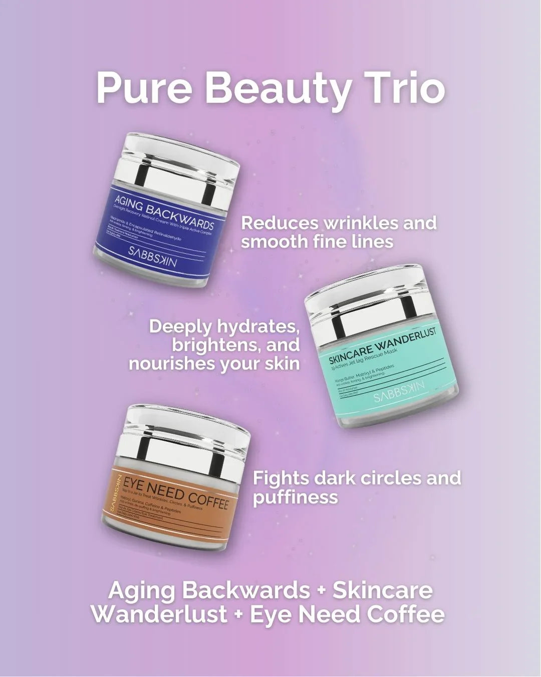 Pure Beauty Trio with Aging Backwards, Skincare Wanderlust, Eye Need Coffee jars on purple background