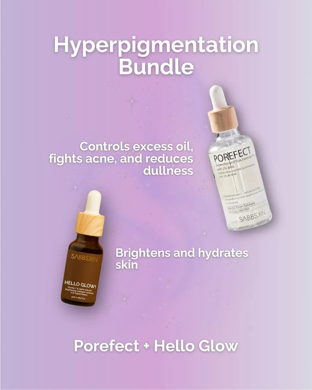 Hyperpigmentation skincare bundle with Sabbskin Porefect and Hello Glow serums on purple background.