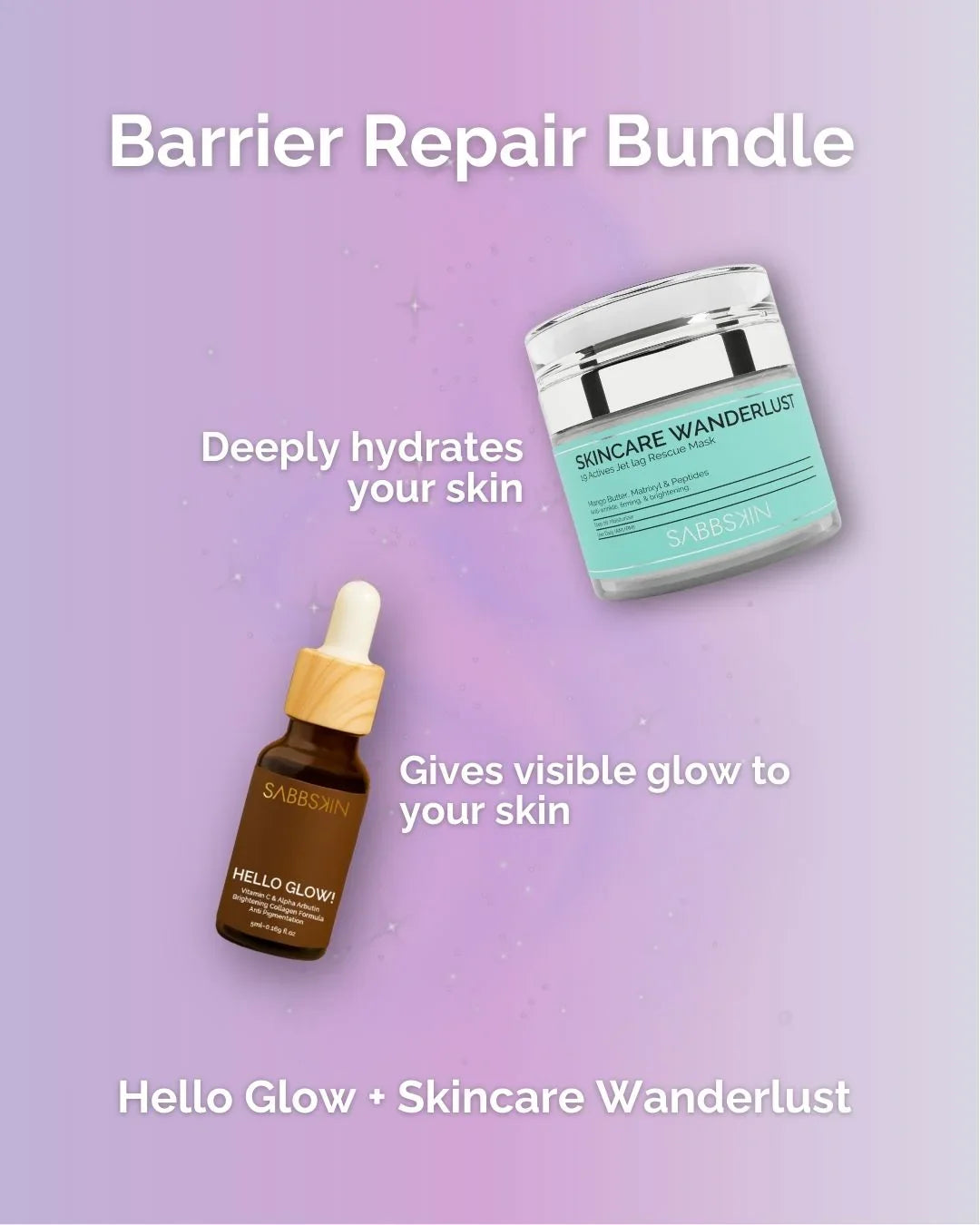 Barrier Repair Bundle with SABBSKIN Hello Glow serum and Skincare Wanderlust mask on purple gradient background