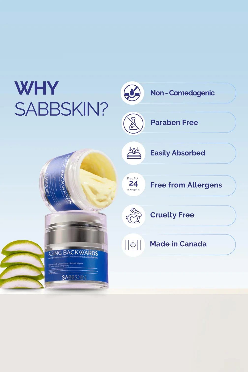 Sabbskin Aging Backwards cream jar with aloe, highlighting paraben free and cruelty free features.