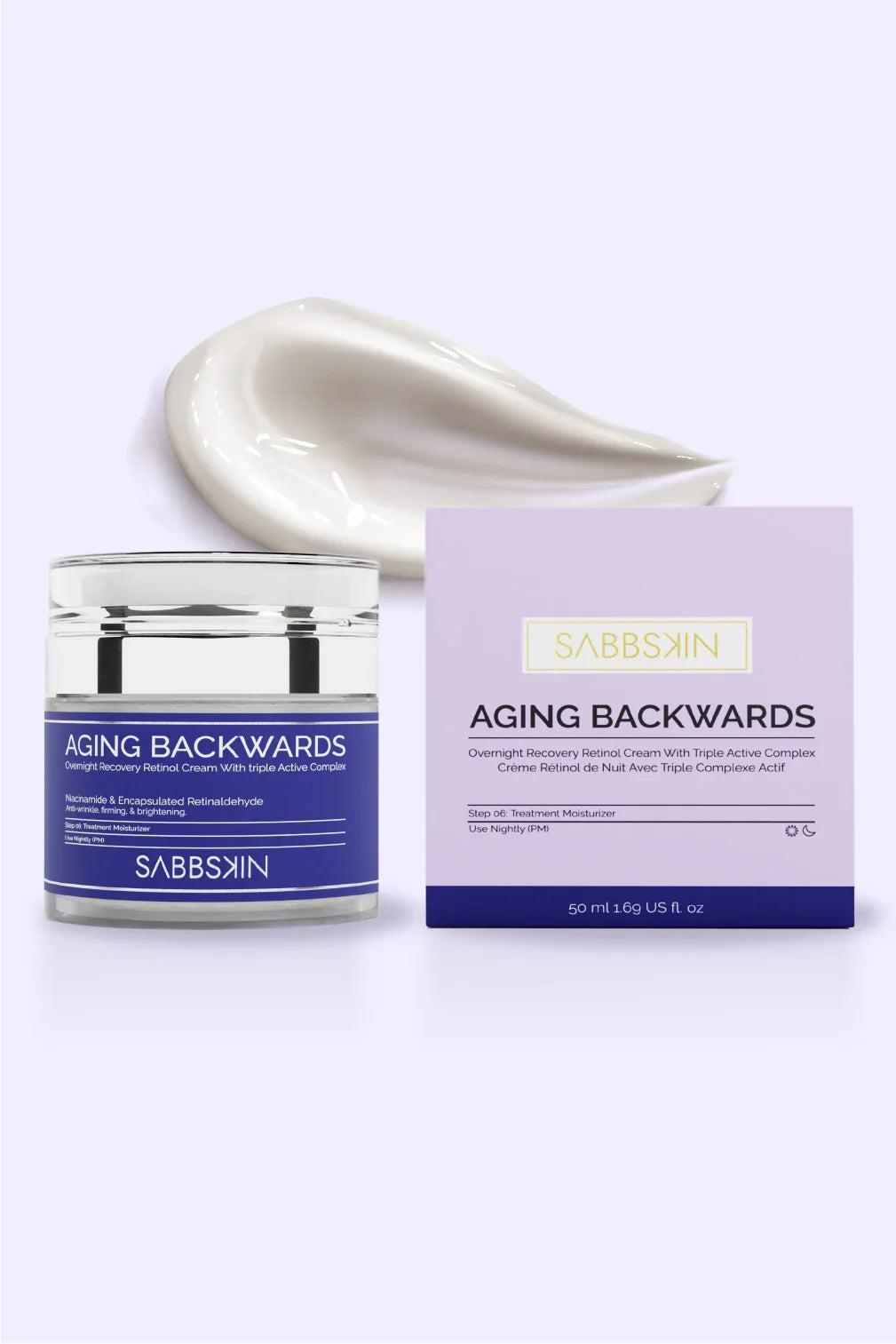 Sabbskin Aging Backwards retinol cream jar and box with cream texture on light background