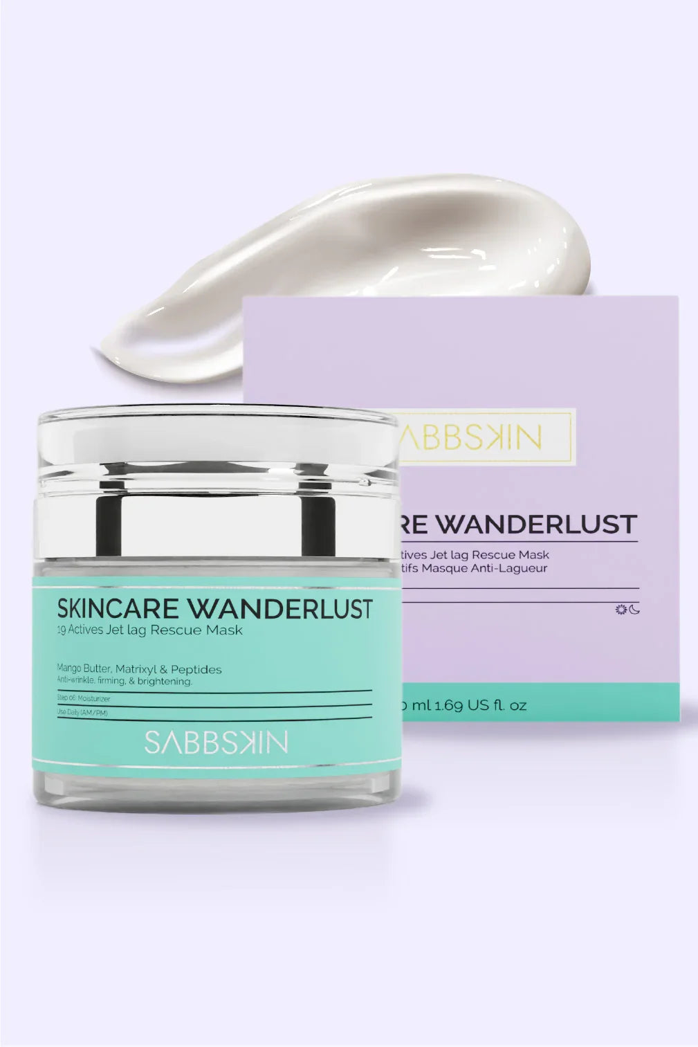 Sabbskin Skincare Wanderlust jet lag rescue mask jar with cream and lavender box