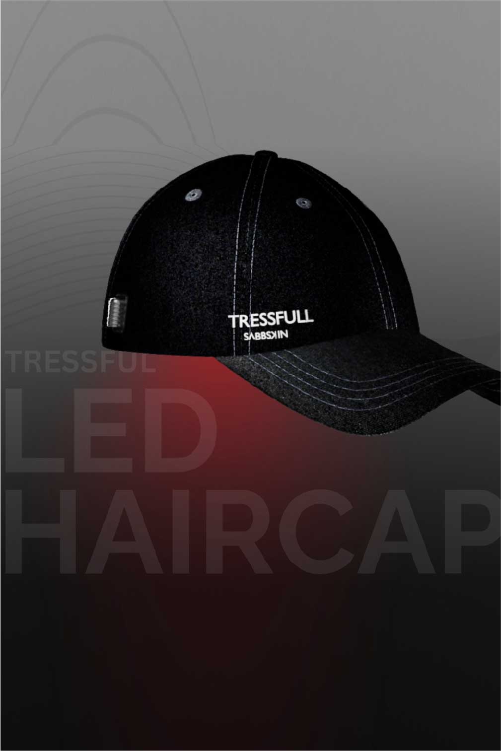 Black Tressfull LED hair cap with white stitching on dark gradient background