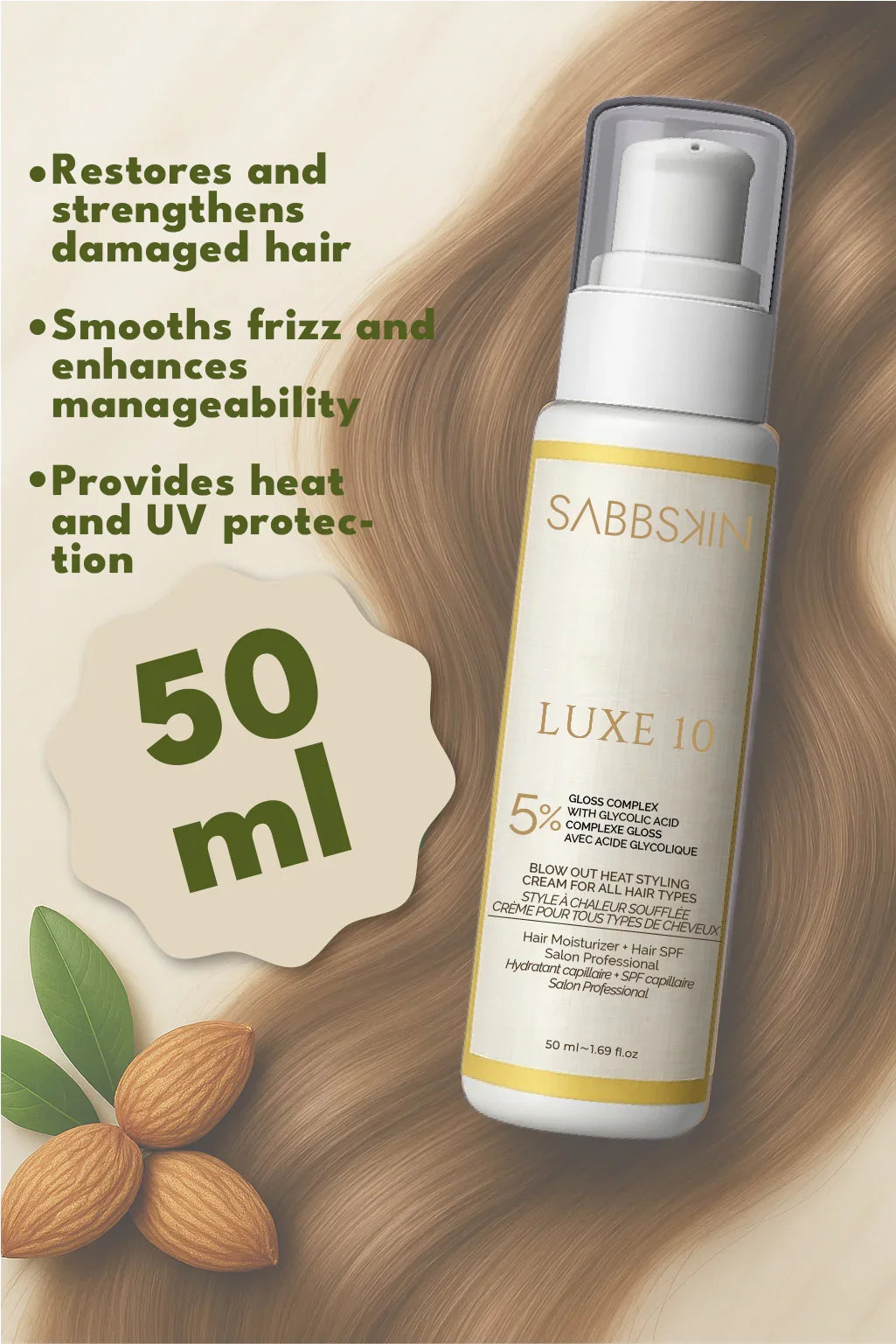 Sabbskin Luxe 10 hair cream bottle 50ml with almonds, benefits for hair, smooth brown background.