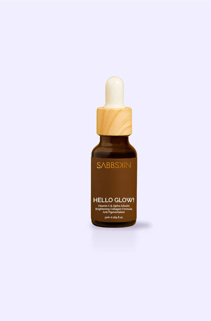 Sabbskin Hello Glow Vitamin C serum bottle with dropper on a light background