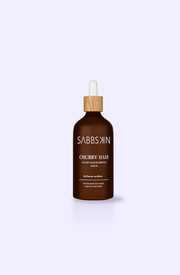 SABBSKIN Chubby Hair luxury hair regrowth serum bottle with dropper on light background