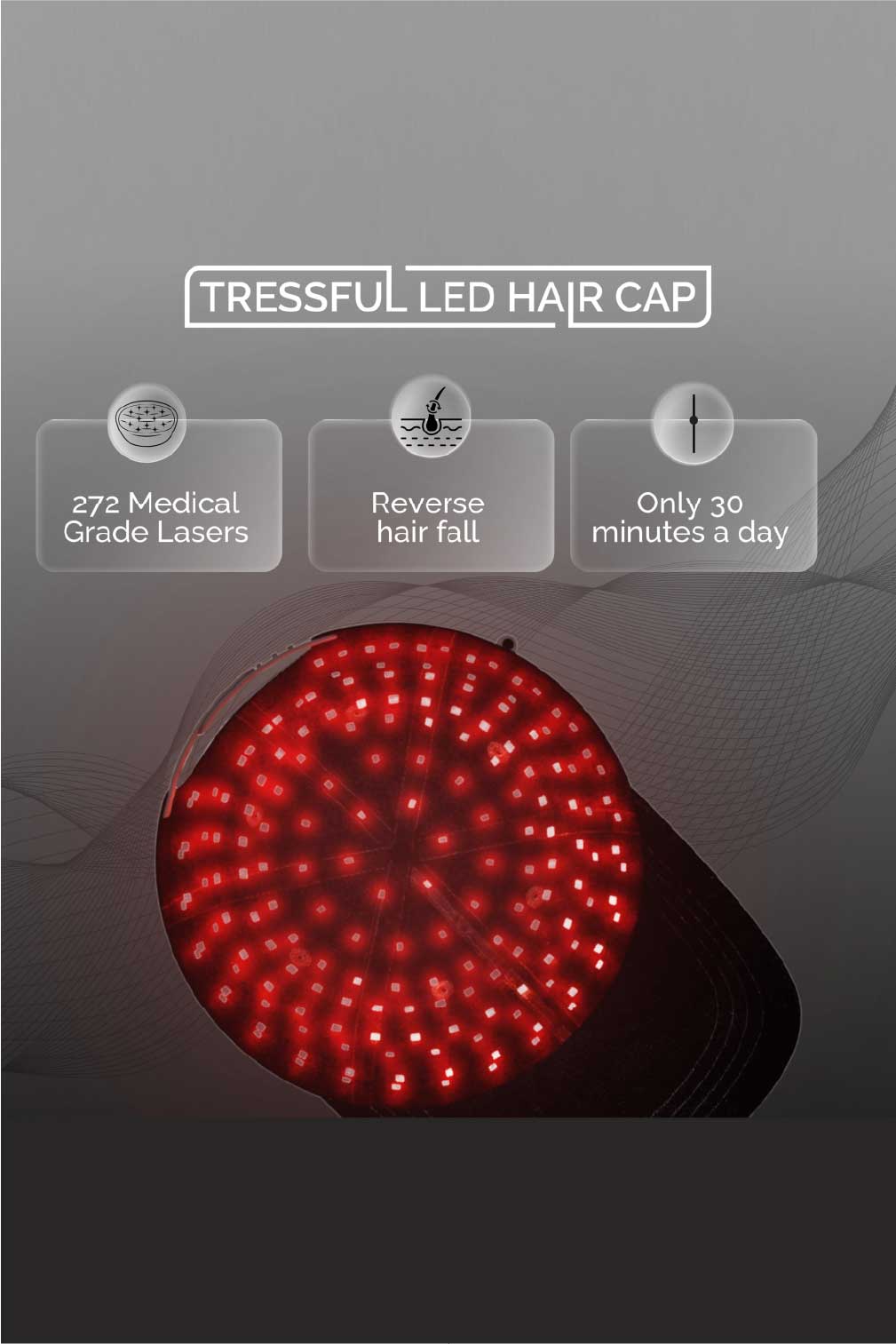 Tressful LED hair cap with 272 medical grade lasers for reversing hair fall, top view, glowing red.