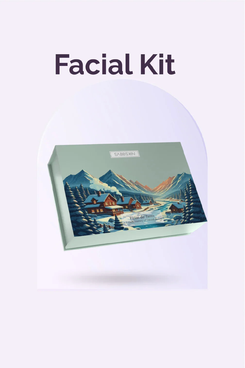 Facial Kit box with winter cabin illustration and mountains, luxury skincare packaging
