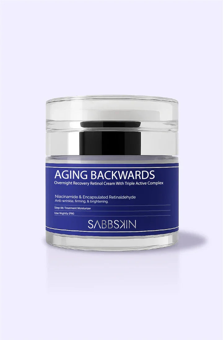 Sabbskin Aging Backwards retinol cream jar with blue label for anti-aging skincare