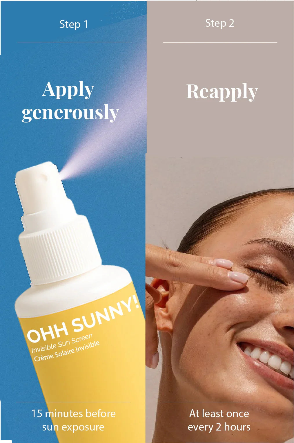 OH! SUNNY sunscreen spray bottle with application steps and smiling woman applying sunscreen to face.