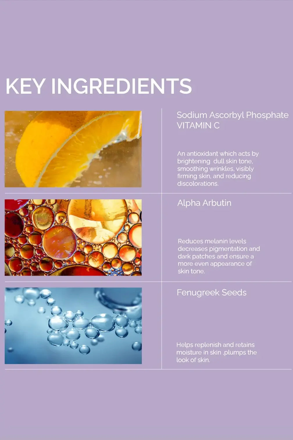 Key ingredients chart for skincare with images of orange slices, oil bubbles, and water drops on a purple background.