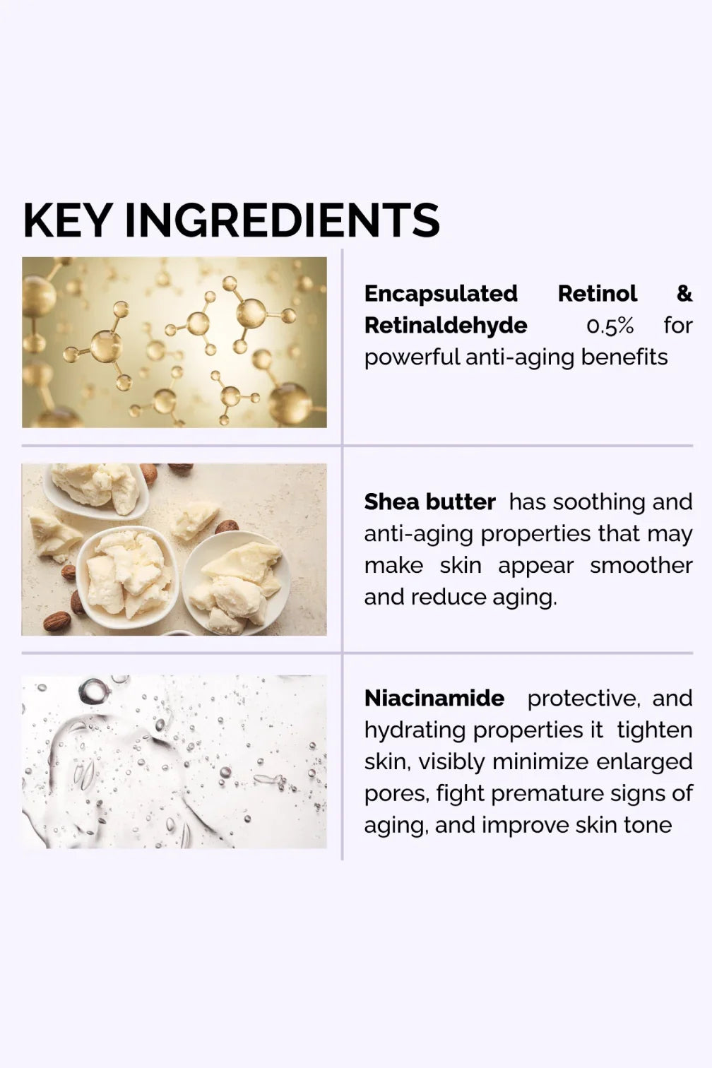 Key ingredients graphic showing retinol molecules, shea butter, and niacinamide gel for skincare.
