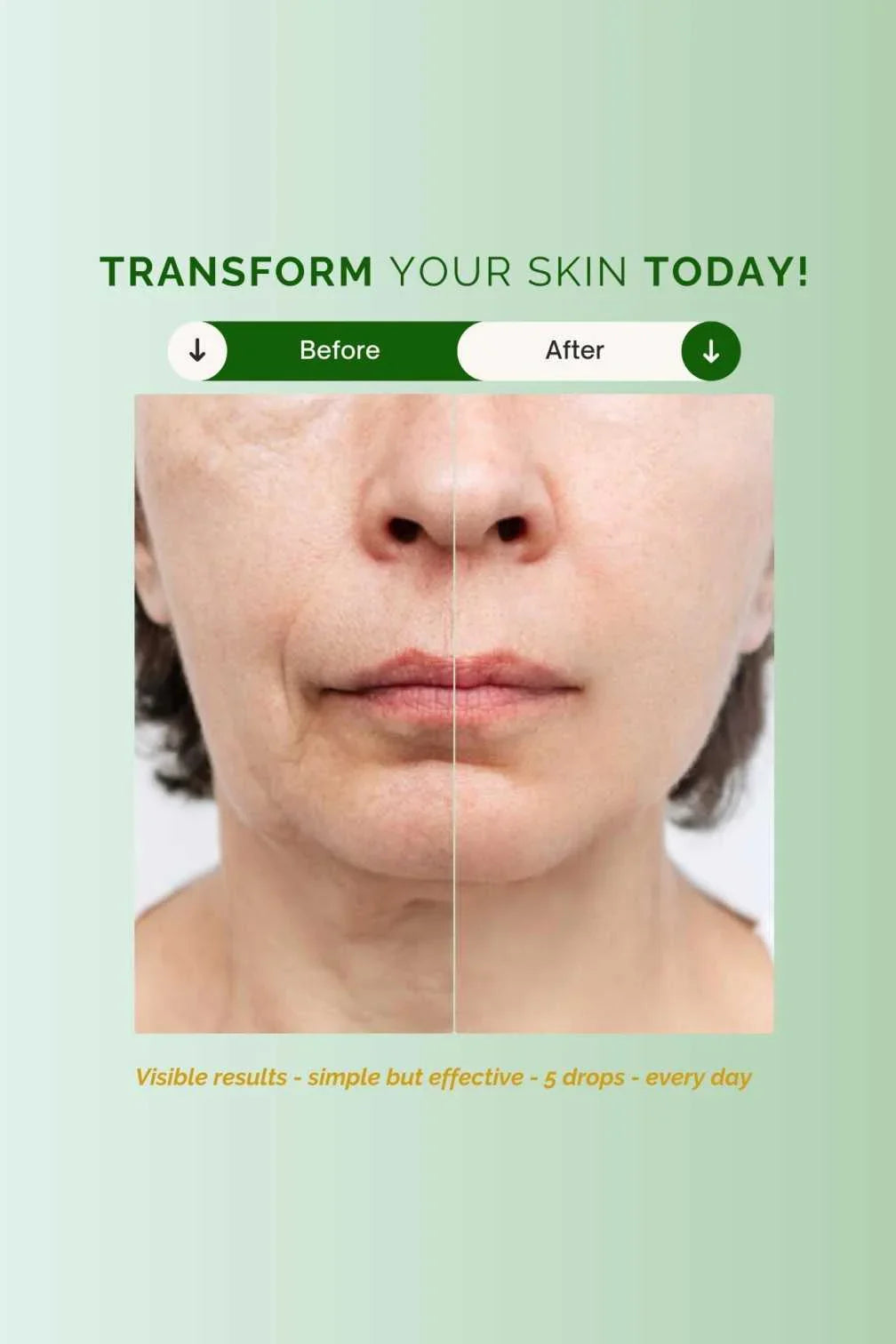 Before and after skincare results on a woman's face, promoting anti-aging vitamin drops.