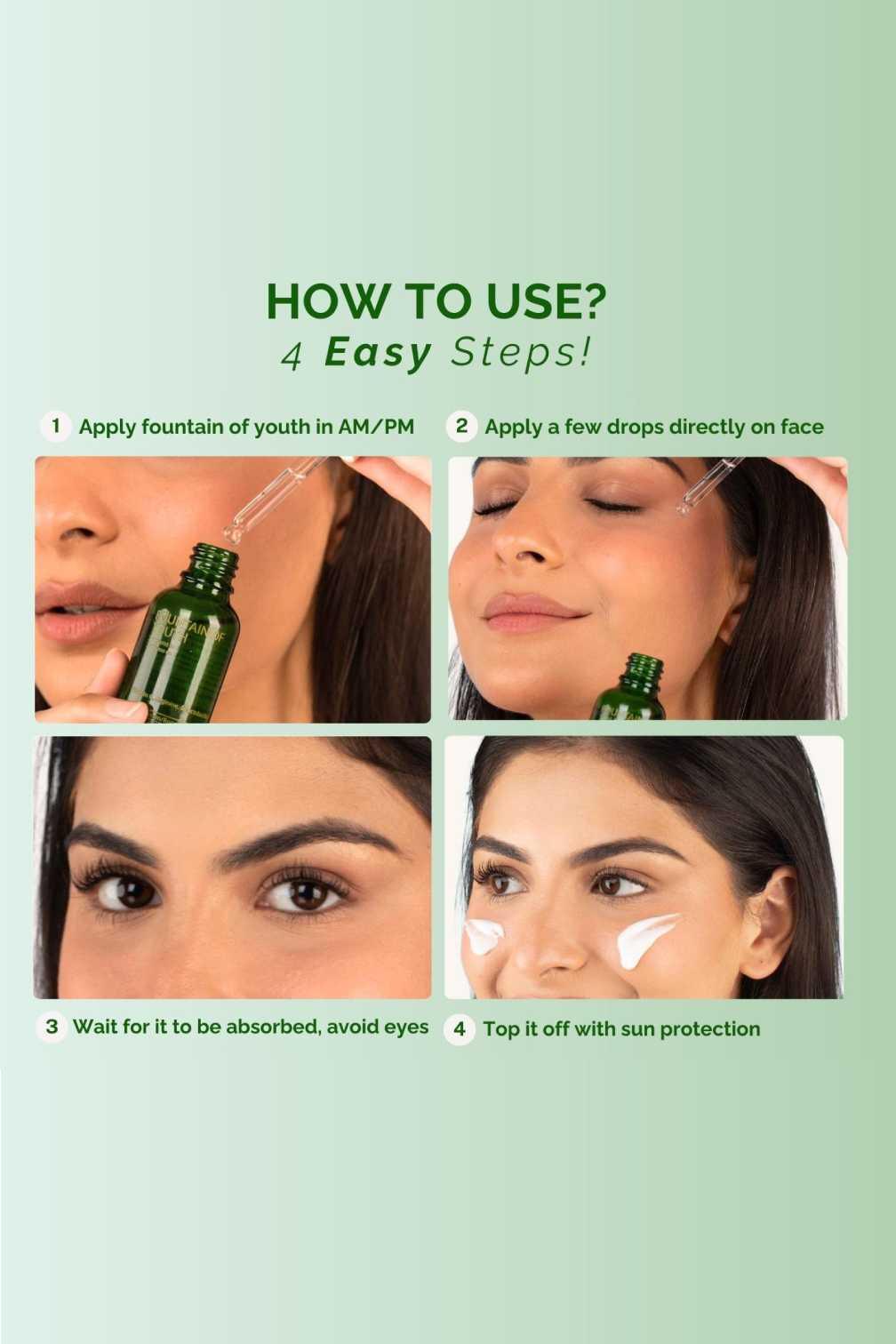 Woman applying Fountain of Youth 7-in-1 vitamin serum in four skincare steps