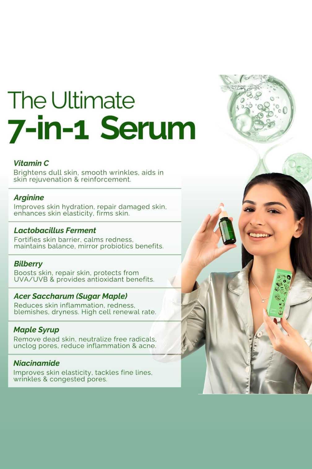 Smiling woman holds 7-in-1 vitamin serum bottle with key skin benefits listed beside her.