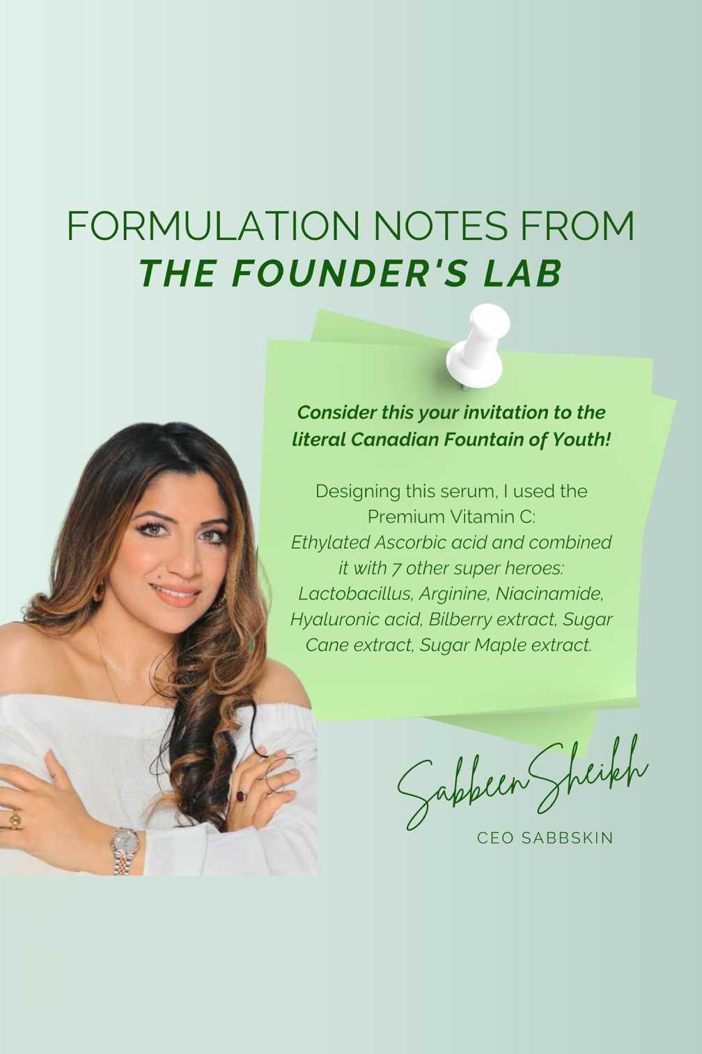 Canadian Fountain of Youth 7-in-1 vitamin serum founder note, CEO portrait, skincare info