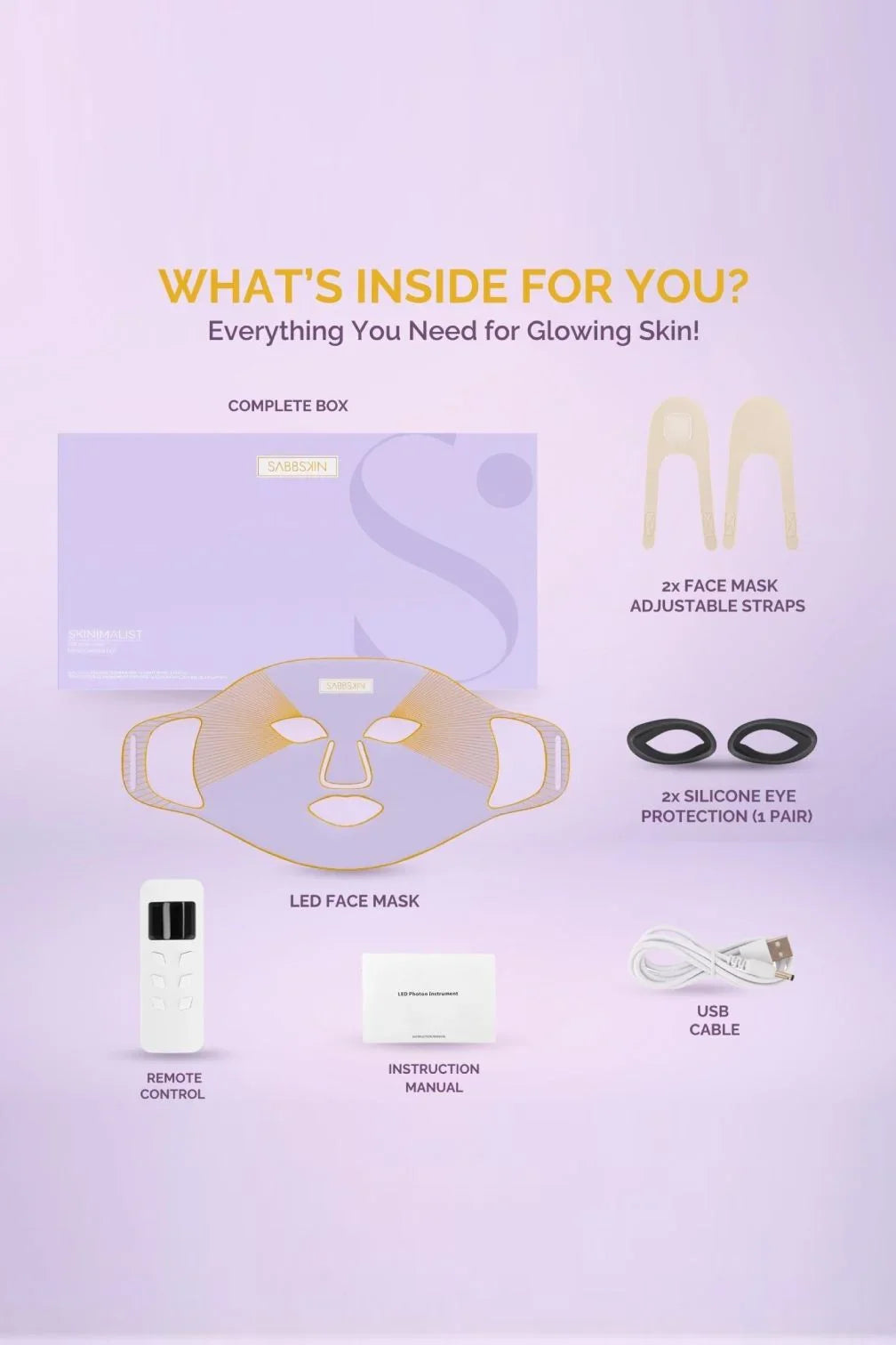 LED light therapy face mask kit with adjustable straps, silicone eye protection, remote, manual, and USB cable on a lavender background.