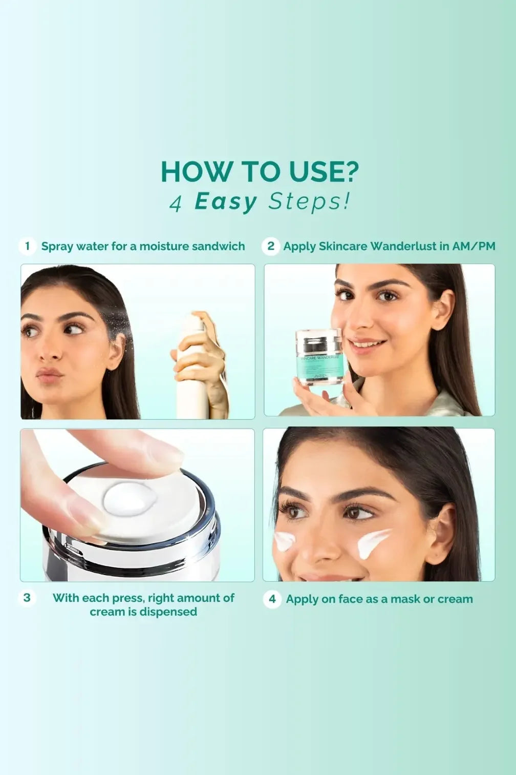 Woman demonstrates Skincare Wanderlust cream application in four easy skincare steps.
