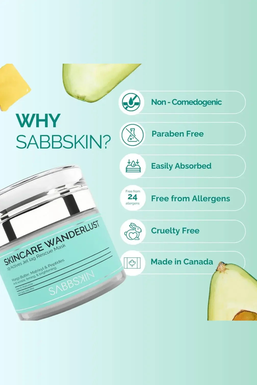 Sabbskin Skincare Wanderlust Jet Lag Rescue Mask jar with benefits icons on mint background