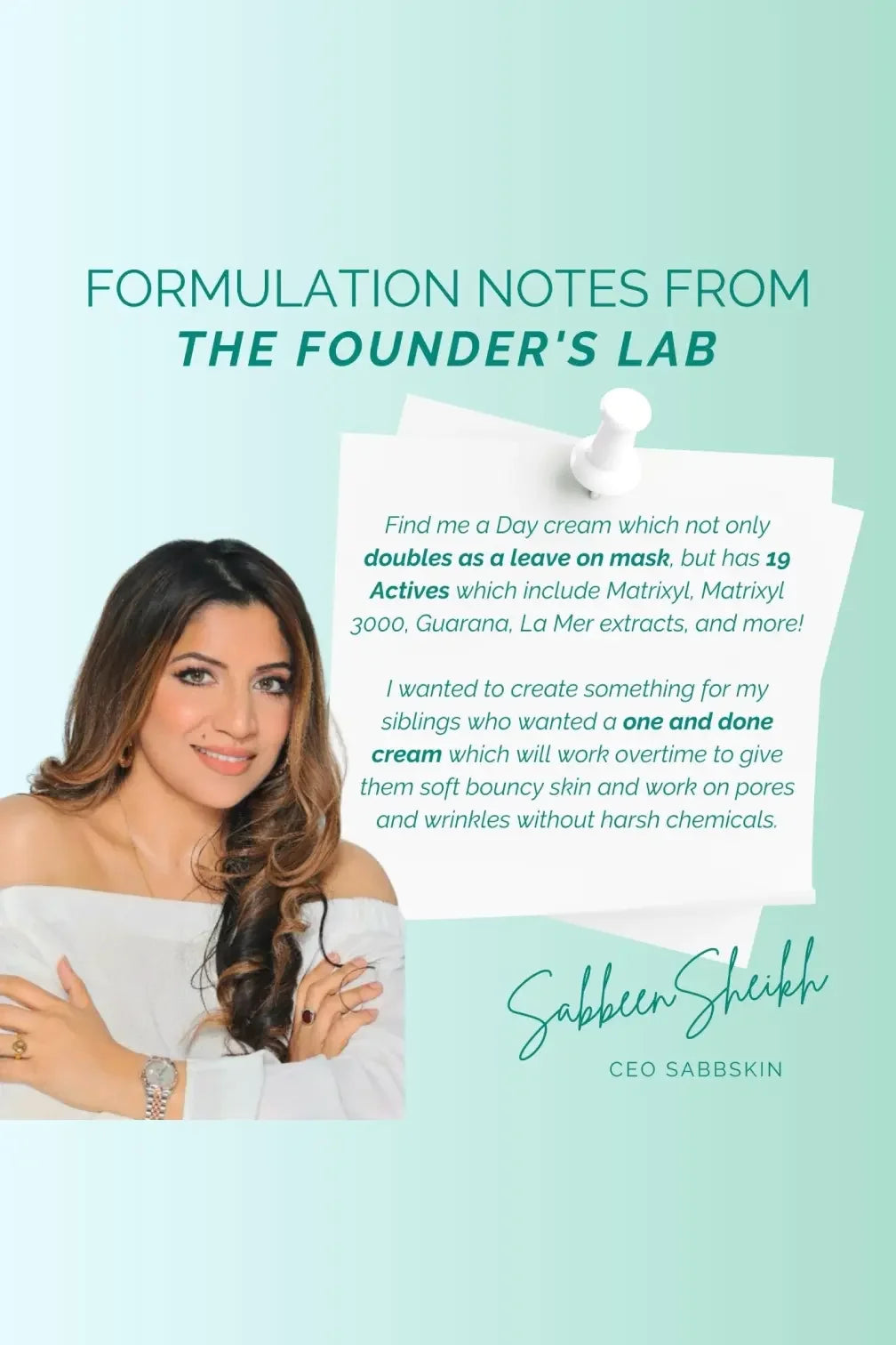 Woman with long hair in white top, skincare quote, green background, SabbsSkin founder statement